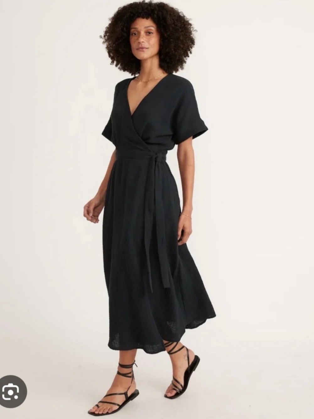 Marine Layer Valencia Gauzy Wrap Dress Black Pockets Short Sleeve Euro Summer